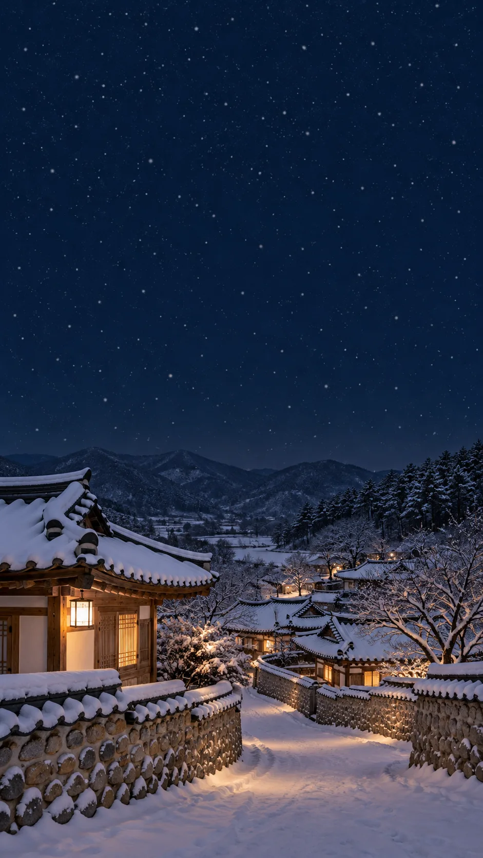 눈 내리는 한옥 마을 배경화면 — 예시 1
