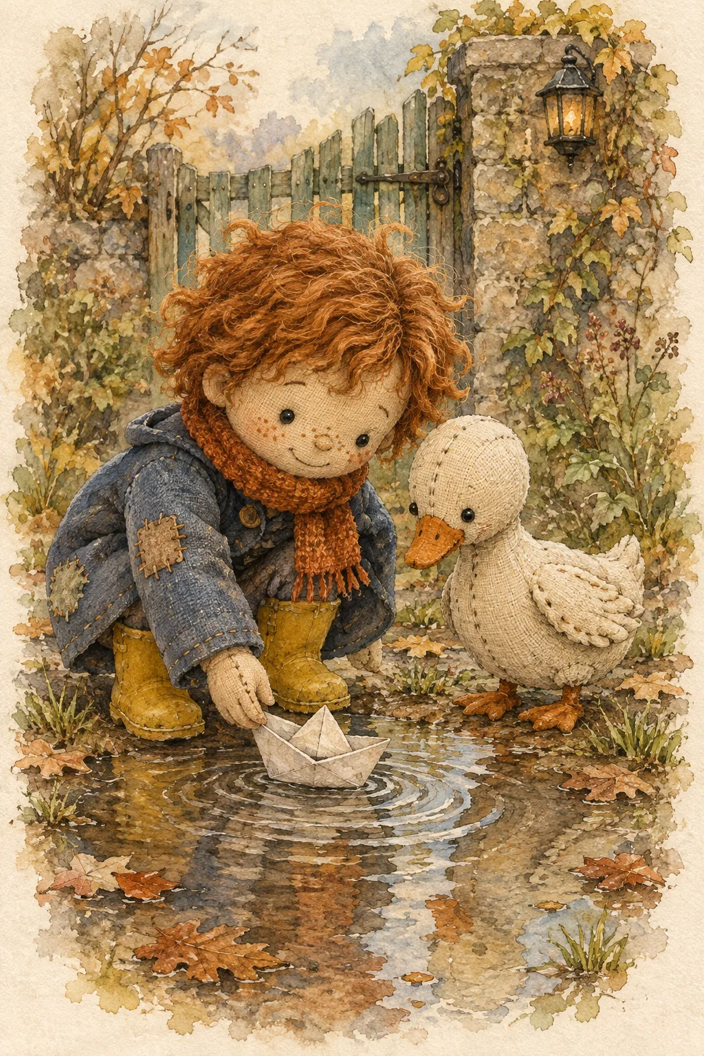 헝겊인형 동화 그림 — 우리 아이가 구슬 눈 헝겊인형이 되어 동물 친구와 노는 수채화 — 예시 2