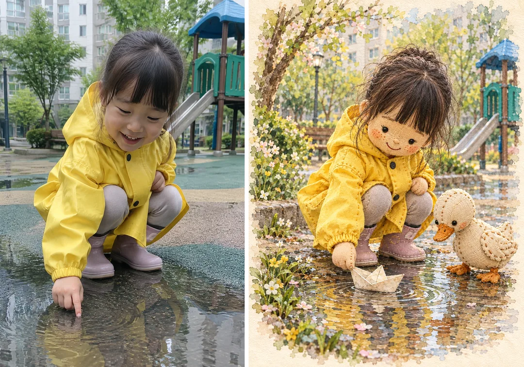 헝겊인형 동화 그림 — 우리 아이가 구슬 눈 헝겊인형이 되어 동물 친구와 노는 수채화 — 예시 1
