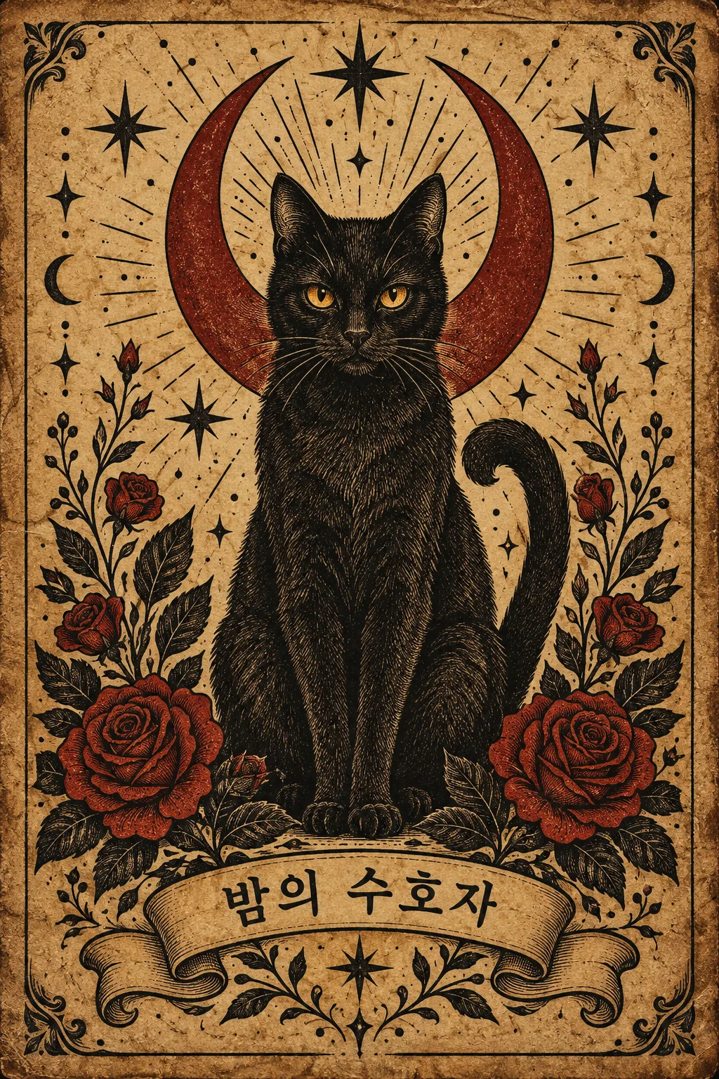 타로 · 타투 플래시 일러스트 — 상징 하나를 낡은 종이 위 굵은 선 그림으로 (고양이 · 달 · 뱀 · 장미) 샘플