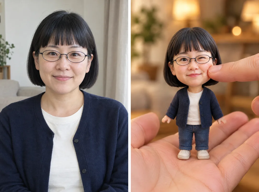 손바닥 위 작은 나 — 손가락으로 볼 꾹 누르는 미니어처 — 예시 1