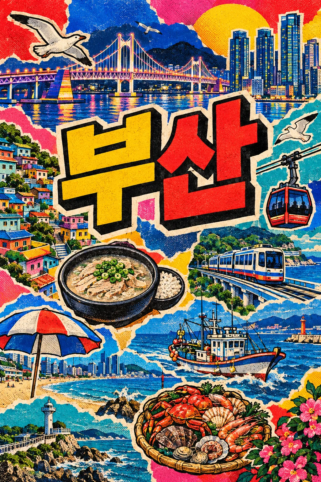 여행 팝아트 콜라주 포스터 — 도시 하나를 상징물 가득 원색 포스터로 (부산 · 제주 · 서울 · 해외) 샘플