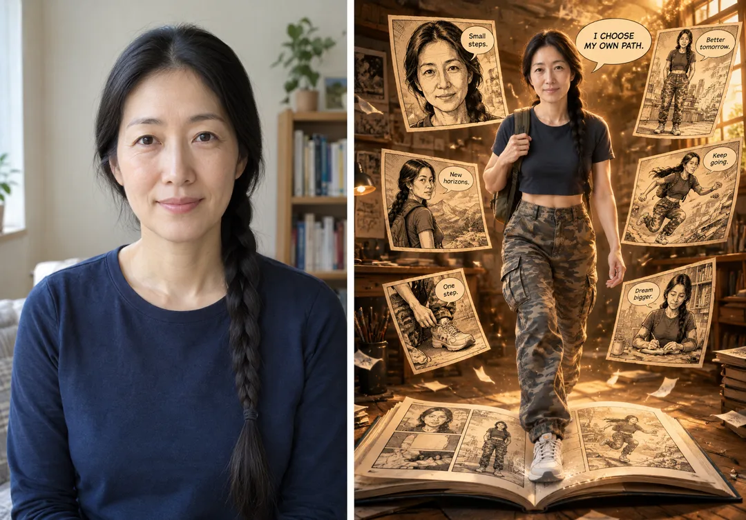 만화책에서 걸어 나온 나 — 실사 주인공 + 펜 잉크 만화 컷 — 예시 1