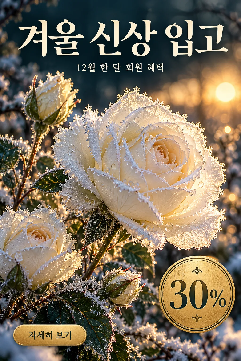 겨울 꽃 홍보 포스터 — 서리 내린 꽃 클로즈업 위 가게 신상 · 회원 혜택 안내 샘플