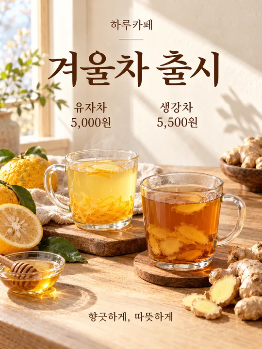 ゆず茶・しょうが茶の新発売ポスター — 価格付き冬のカフェメニュー