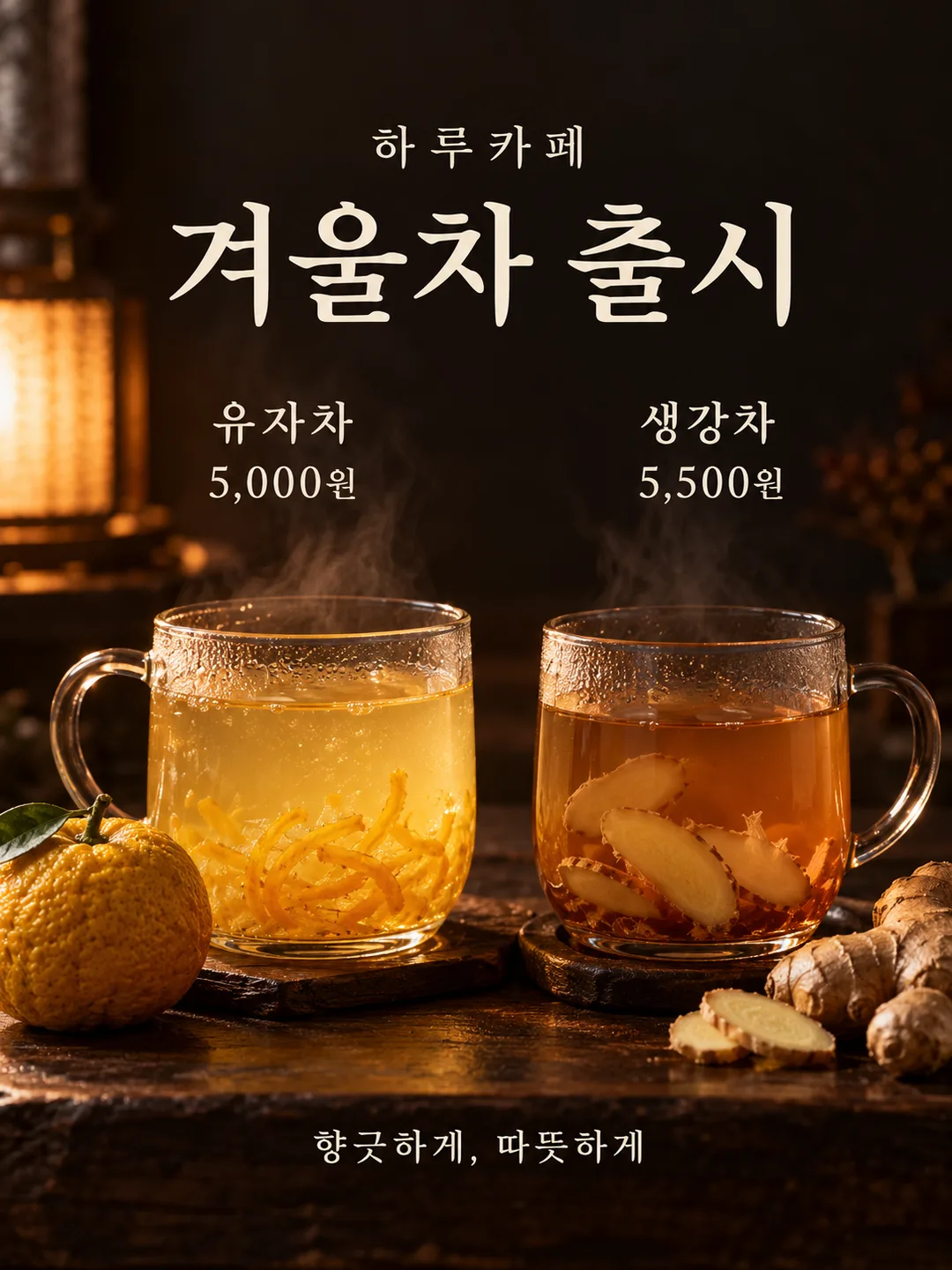 유자차·생강차 출시 포스터 — 가격이 보이는 겨울 카페 메뉴 — 예시 3